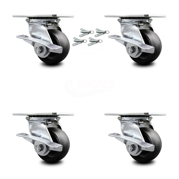 4 Inch Glass Filled Nylon Caster Set with Ball Bearings and Brakes/Swivel Locks